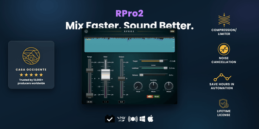 RPro2 vocal rider plugin 3.0.0 interface: ±24 dB Rider range, Target and the 3D level visualizer, with Casa Occidente branding.